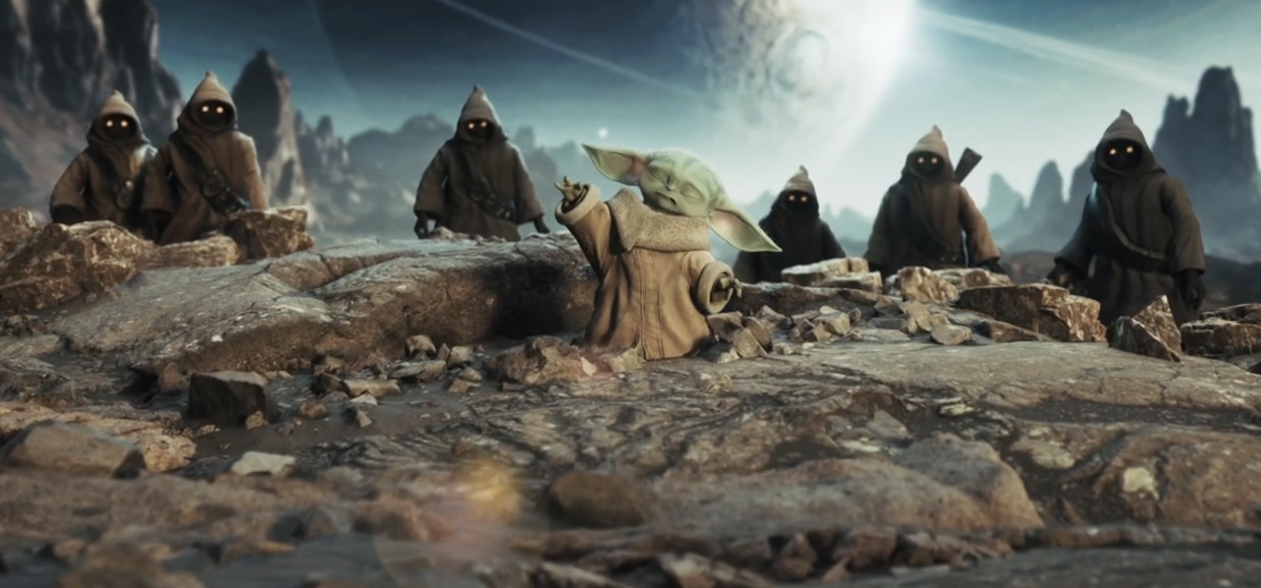 Grogu surrounded by Jawas in Well Done Grogu